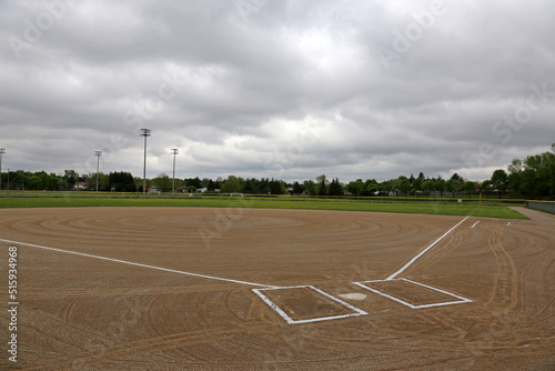 Photography A wide angle shot of an unoccupied baseball field on a cloudy day