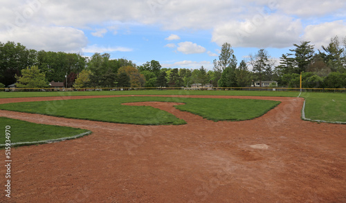 A wide angle shot of an unoccupied baseball field on a cloudy day.. © Chris Hill