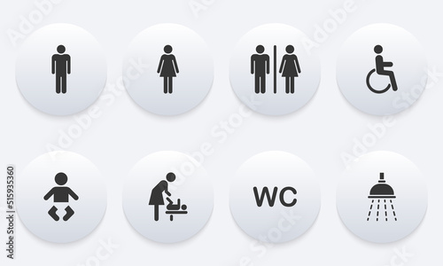 Set of Toilet Silhouette Icon. Mother and Baby Room Icon. WC Sign on Door for Public Toilet. Sign of Washroom for Male, Female and Children. Symbols Restroom. Vector Illustration