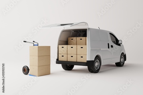 Commercial delivery white van with cardboard boxes on white background. Delivery order service company transportation box business background with van truck. 3d rendering, 3d illustration.