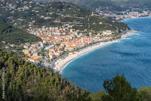 Aerial view of Noli, a picturesque town of Liguria region near Savona, Italy