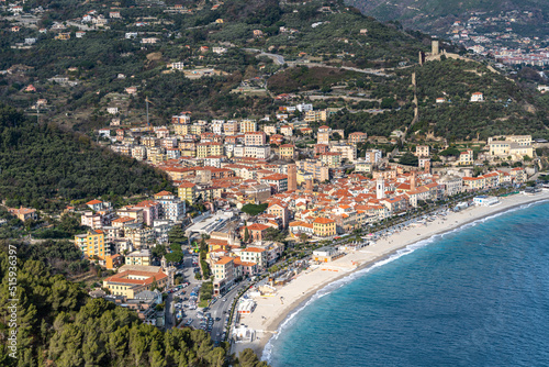 Aerial view of Noli, a picturesque town of Liguria region near Savona, Italy