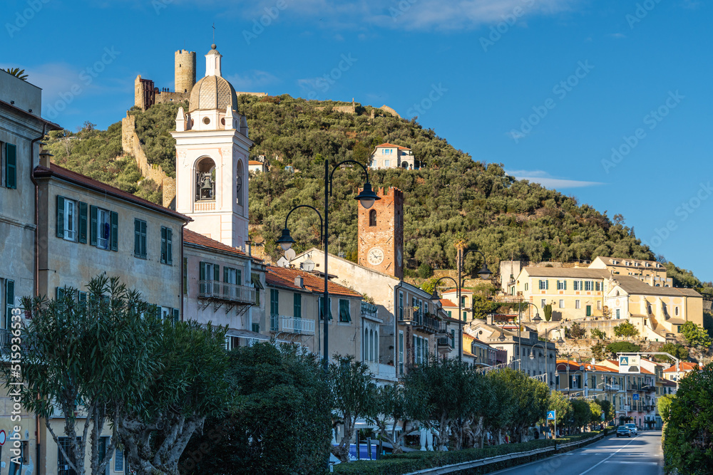Typical old buildings and towers in Noli along the Via Aurelia road, Liguria, Italy