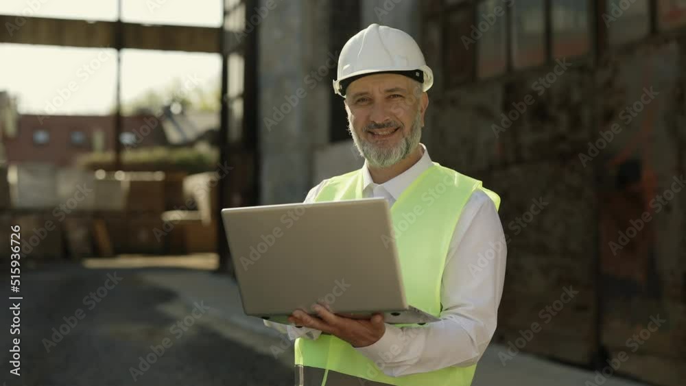 Caucasian dedicated architect working on modern laptop for calculating correct building structure. Smiling mature man in uniform standing at outside construction site and looking at camera. Caucasian dedicated architect working on modern laptop for calculating correct building structure. Smiling mature man in uniform standing at outside construction site and looking at camera.