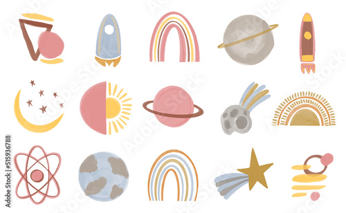 Vector Collection of space objects in boho style. Hand drawn watercolor set for nursery decor.