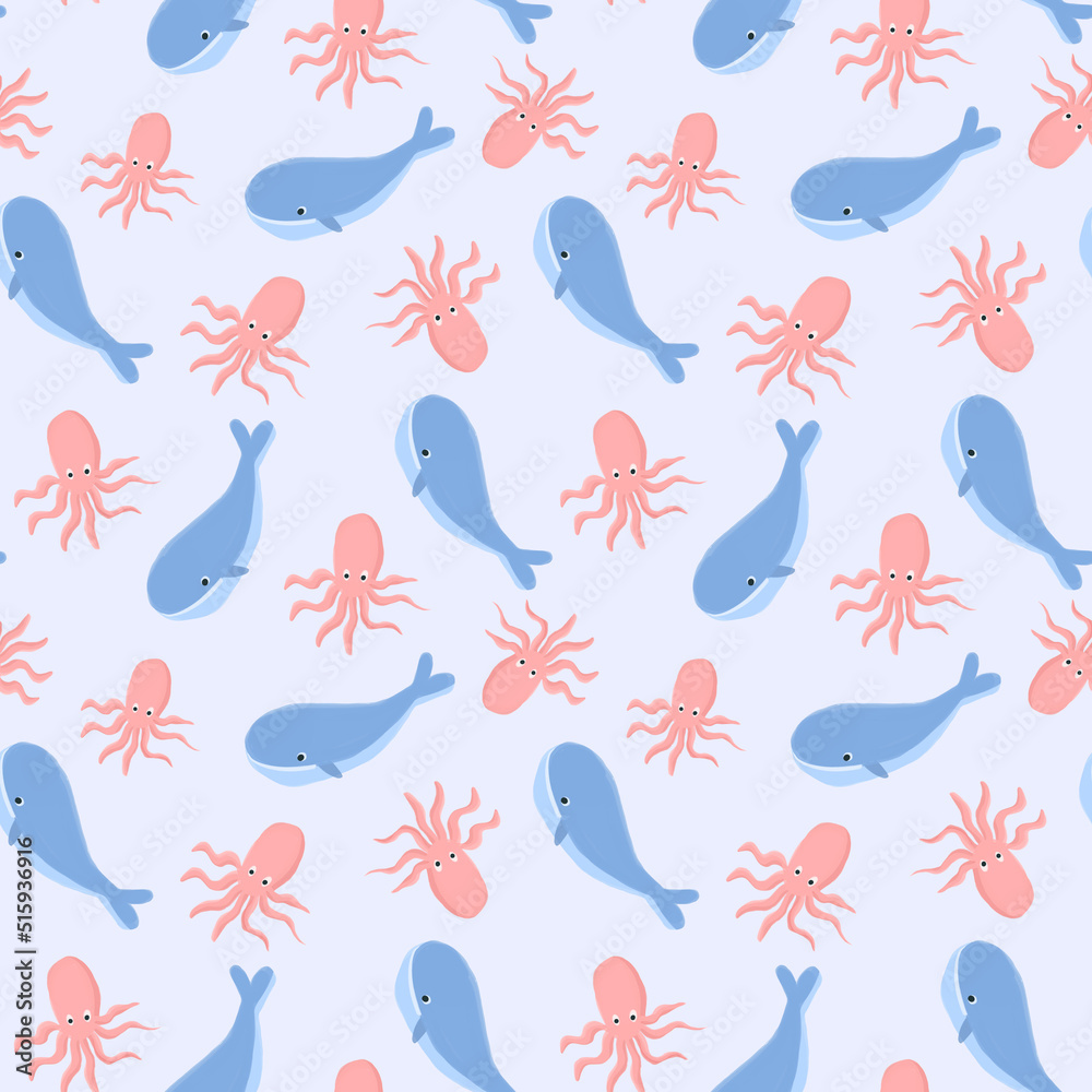 Vector Underwater seamless pattern for kids with whale and octopus.