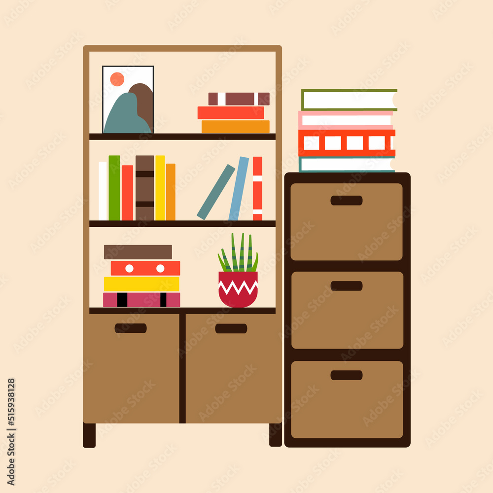 Wooden bookcase with colorful books. The books are laid out on the shelves. Bookstore or library concept. Cartoon vector Illustration.
Wooden bookcase with colorful books. The books are laid out on the shelves. Bookstore or library concept. Cartoon vector Illustration.