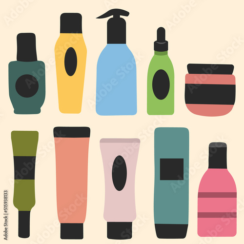 Cosmetic containers of different shapes for cream, lotion, shampoo, gel, balsam, conditioner, spray. Cartoon vector Illustration.