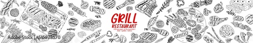 Grilled meat and vegetables poster. Food on the grill. Top view design. Hand drawn illustration. Restaurant menu design. Vector illustration.