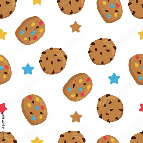 Vector seamless pattern with cookies. Illustration cookies in flat style. 