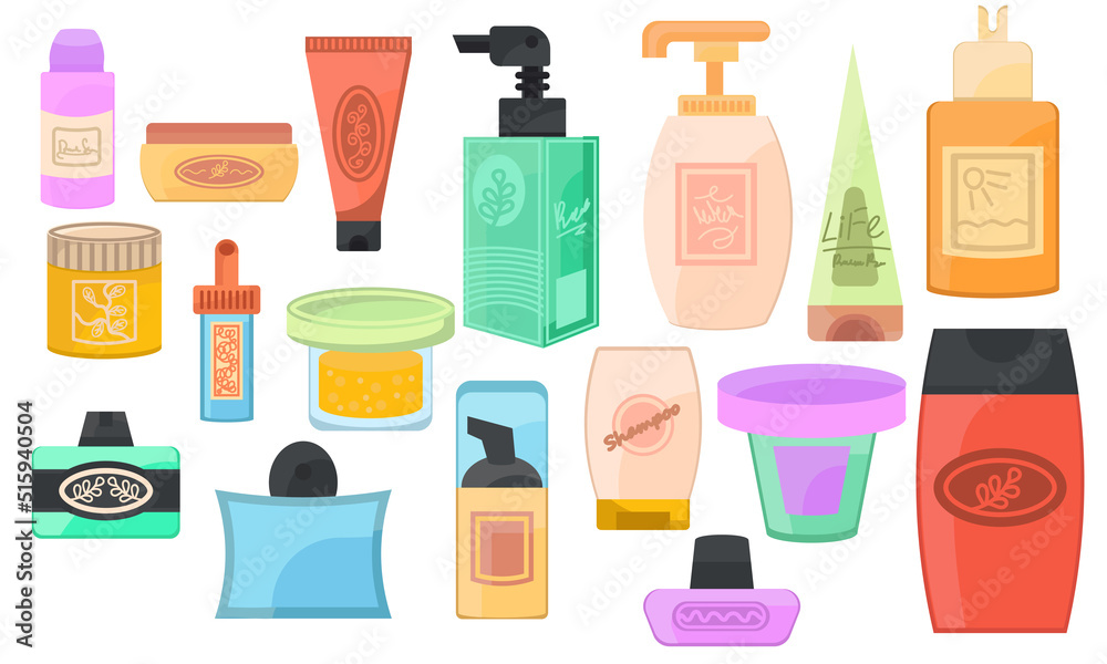 Cartoon bottle cream and shampoo cosmetics container. Face lotion oil and set facial skin vector illustration. Skincare beauty cosmetic clean collection and drawing simplicity perfume glass object