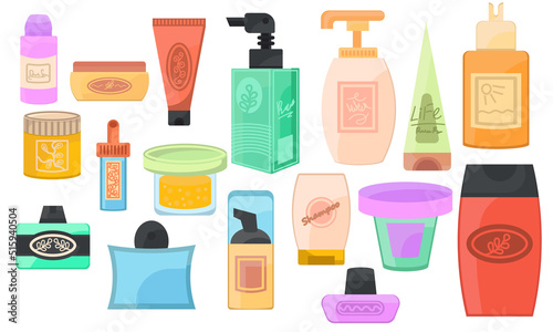 Cartoon bottle cream and shampoo cosmetics container. Face lotion oil and set facial skin vector illustration. Skincare beauty cosmetic clean collection and drawing simplicity perfume glass object