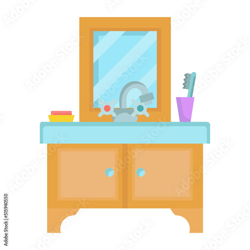 Sink in the bathroom vector interior illustration faucet. Room design home and washbasin with water. Bathtub basin and clean toilet. House furniture hygiene and mirror equipment icon. Indoor washstand
