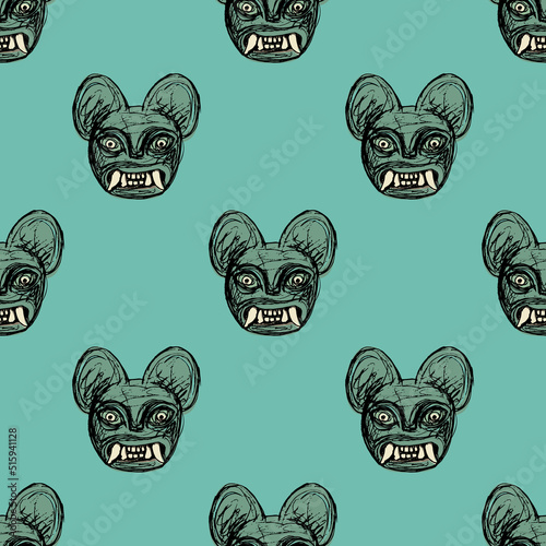 Seamless animal pattern with heads of jaguar demon. Moche art from ancient Peru. Native American art of Peruvian Indians. On green background.