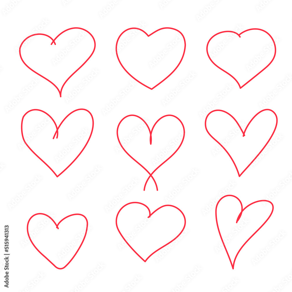 Doodle set of hand drawn red hearts on a white background. Vector abstract hearts for design.