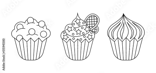 Vector linear cupcake stickers set. Three isolated outline sweet dessert on white