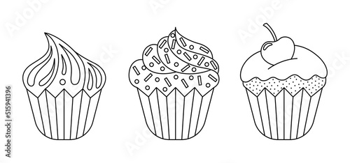 Vector linear cupcake set. Three outline isolated sweet desserts with cherry, sprinkles and butter cream on white