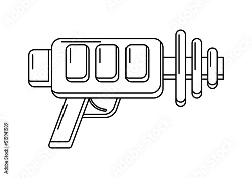 Vector linenear blaster on white. Isolated outline toy gun for coloring page. Futuristic weapon design