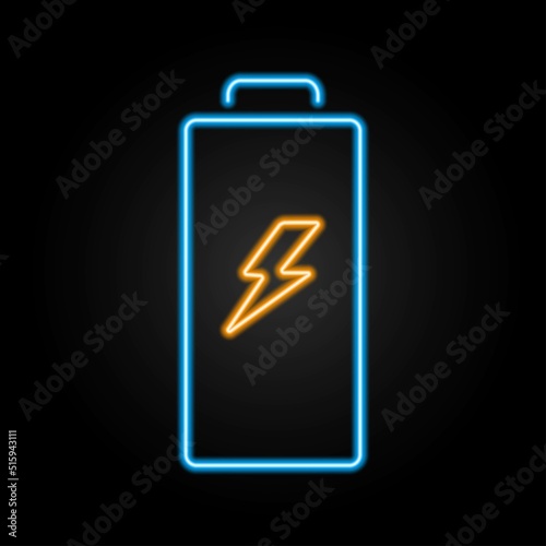 battery neon sign, modern glowing banner design, colorful modern design trends on black background. Vector illustration.
