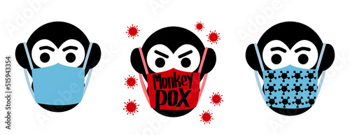 Monkeypox virus outbreak icon set. Vector gorilla in face mask. Health monkey pox emergency. Viral smallpox infection
