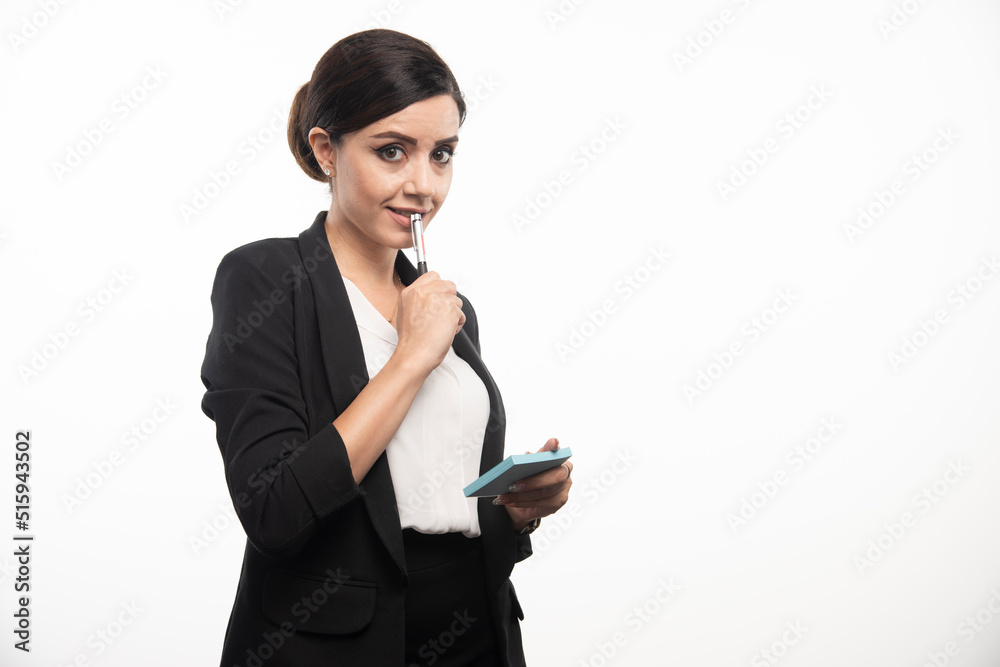 Businesswoman with stickers and a pencil on a white background Businesswoman with stickers and a pencil on a white background