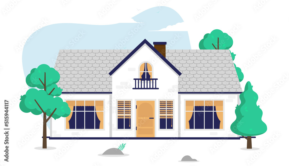 Vector big house - White home illustration with trees on white background