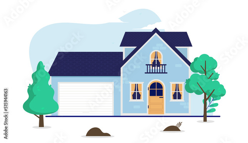 Vector house with garage - Small home in flat design illustration