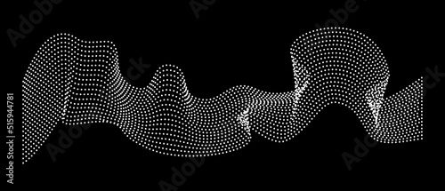 Flow from dynamic waves of dots. Black and white futuristic background, chain of nodes.  Vector abstraction of flow of dynamic particles.