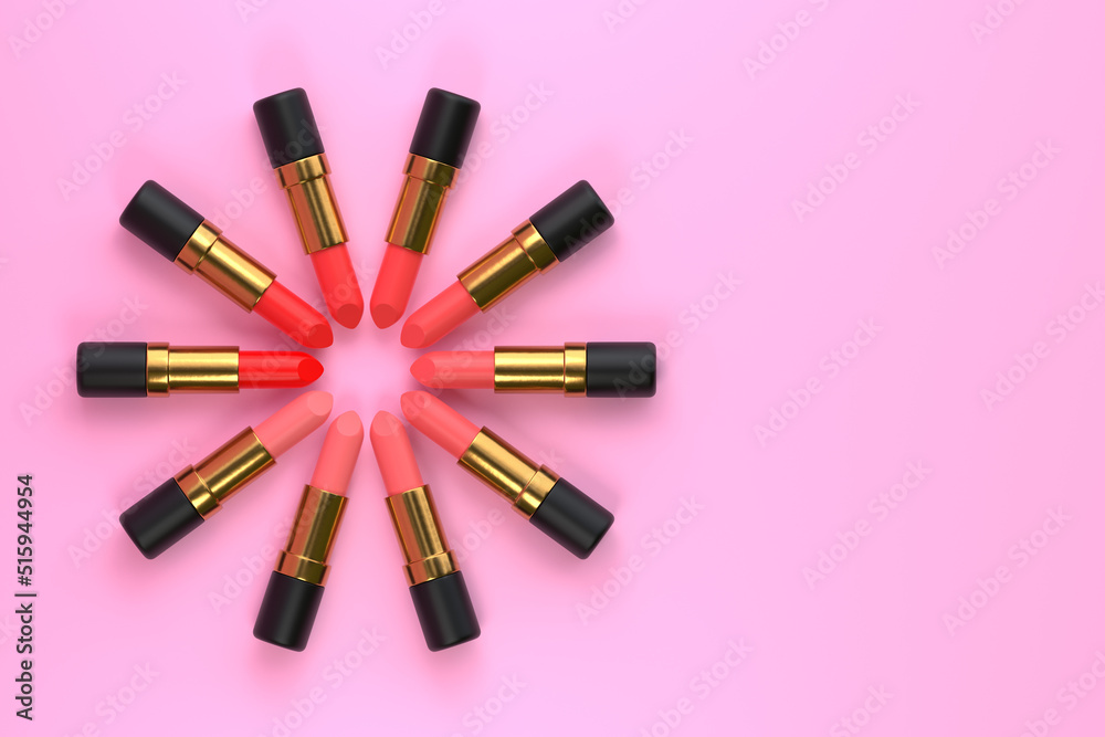 Lipsticks close-up on a pastel pink background with copy space. Women's cosmetics for professional makeup. Beauty concept. Top view. 3d rendering illustration Lipsticks close-up on a pastel pink background with copy space. Women's cosmetics for professional makeup. Beauty concept. Top view. 3d rendering illustration