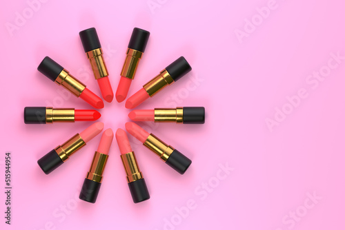 Lipsticks close-up on a pastel pink background with copy space. Women's cosmetics for professional makeup. Beauty concept. Top view. 3d rendering illustration