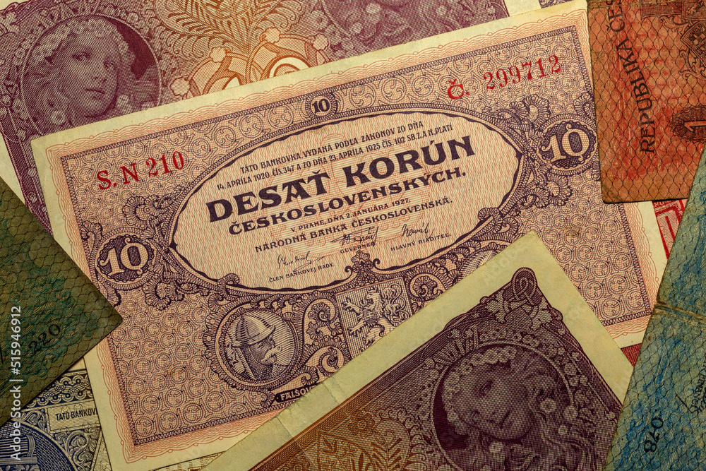 Detail of the Czechoslovak 10 crowns banknote from 1927, 1st Republic