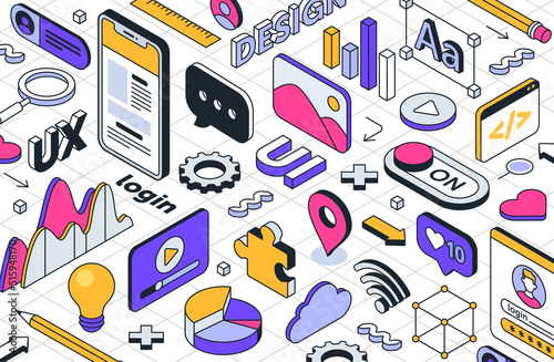 UX and UI design concept. Development of user interface design and creation of adaptive website layout on different devices. Coding and programming. Cartoon modern isometric vector illustration