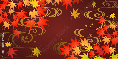 紅葉と流水紋の和風背景　紅色（2：1）_ベクターイラスト