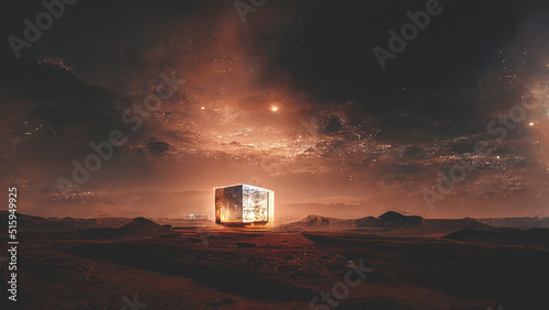 Futuristic fantasy landscape, sci-fi landscape with planet, neon light, cold planet. Dark natural scene, light cube Neon space galaxy portal, space dust, nebula. 3d illustration