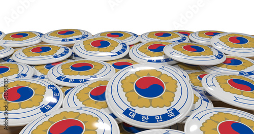 3D rendering of the emblem of the South Korean flag pin on a wooden table for politics, support and nationalism