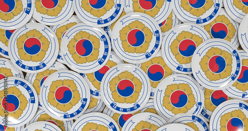 3D rendering of the emblem of the South Korean flag pin on a wooden table for politics, support and nationalism