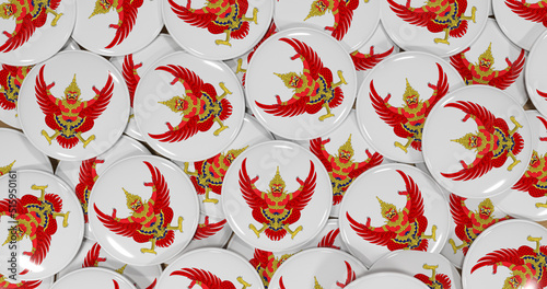 3D rendering of the national coat of arms of thailand (This coat of arms is called Krut Pha) flag pins on a wooden table for politics, support and nationalism