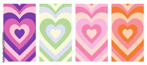 Set Of Cool Heart Geometric Abstract Backgrounds. Lovely Vibes Posters Design. Trendy Y2K Illustration.