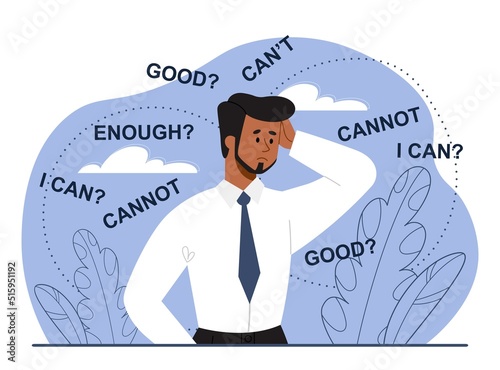 Self doubt and imposter syndrome. Young male entrepreneur with low self esteem feels insecure when making decisions. Negative thinking and mental problems. Cartoon modern flat vector illustration photo