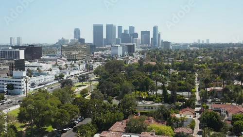 Aerial shot of Beverly Hills Los Angeles with palm trees and Culver City skyline photo