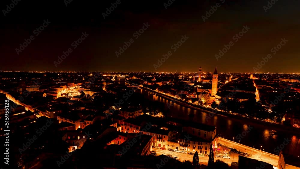 Panoramic view of the city of Verona at night, timelapse Panoramic view of the city of Verona at night, timelapse