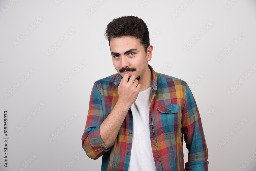 Thoughtful man. Create idea. Information banner. Thoughtful man. Create idea. Information banner.