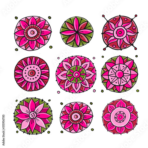 Decorative hand drawn floral mandala. Icons collection for your design
