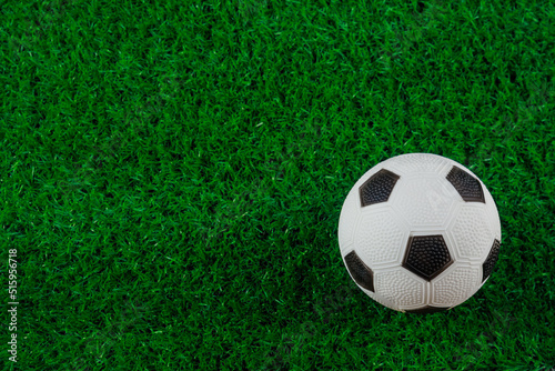 A soccer ball stands on green grass. Closeup.
