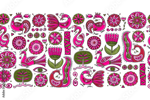 Magic birds and flowers. Vintage seamless pattern background for your design