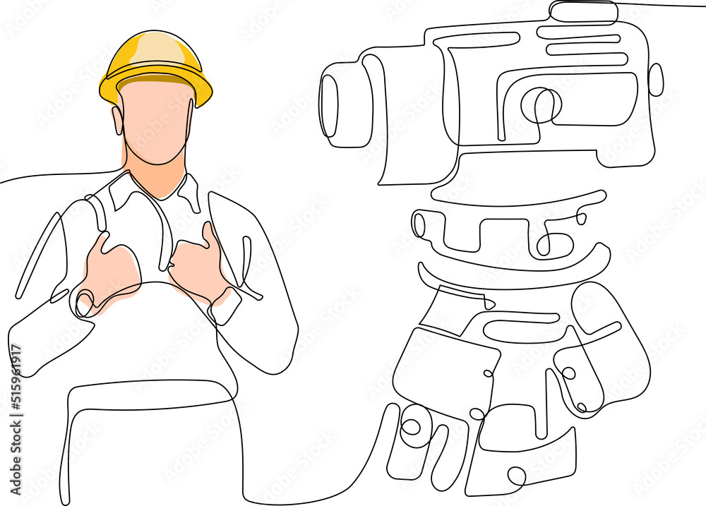 Close up of young Caucasian worker with helmet on head using tablet for work while standing in warehouse. Surveyor with a tripod icon. Geodesic tripod. Vector illustration Close up of young Caucasian worker with helmet on head using tablet for work while standing in warehouse. Surveyor with a tripod icon. Geodesic tripod. Vector illustration