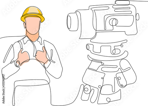 Close up of young Caucasian worker with helmet on head using tablet for work while standing in warehouse. Surveyor with a tripod icon. Geodesic tripod. Vector illustration