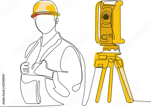 Close up of young Caucasian worker with helmet on head using tablet for work while standing in warehouse. Surveyor with a tripod icon. Geodesic tripod. Vector illustration