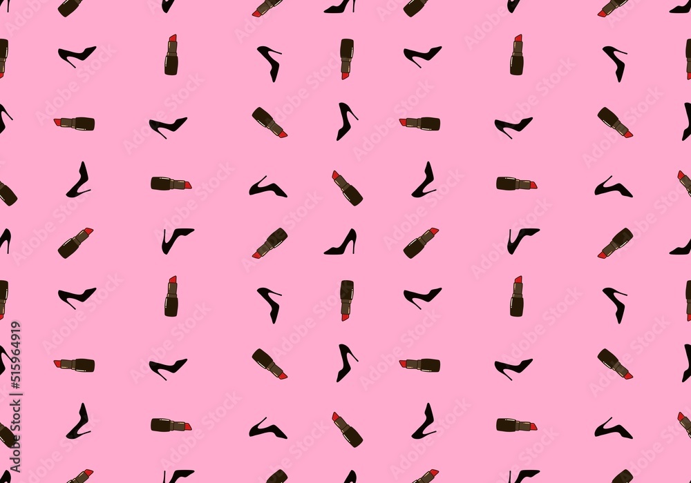 Woman seamless shoes and lipstick pattern for wrapping paper and clothes print and notebooks and shops and hobbies Woman seamless shoes and lipstick pattern for wrapping paper and clothes print and notebooks and shops and hobbies