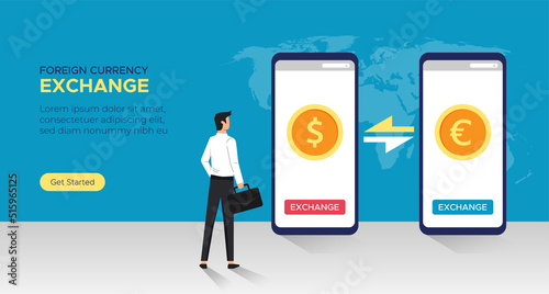 Foreign currency exchange service concept. Money exchange system online on smartphone app vector illustration